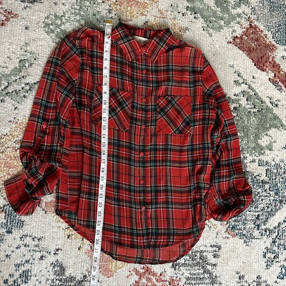 Y2K Decree Plaid Blouse Semi-Sheer Red Teal Yellow Button Front Women’s Medium - Picture 15 of 16